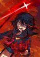 Ryuko Matoi in fierce battle stance, showcasing her signature weapon against a vibrant red background, embodying determination.