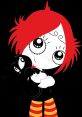 Ruby Gloom embraces her black cat companion, showcasing her quirky style and playful spirit with bold colors and big eyes.