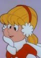 Cheerful blonde girl in a red Christmas outfit with white accents, embodying the spirit of the holiday season.