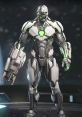 Futuristic cyborg character Grid from Injustice 2, showcasing metallic armor and neon green accents in a dynamic pose.