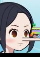 Anime character with dark hair, smiling, alongside a colorful toy train, depicting a cheerful and playful vibe.