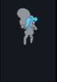 Rockyuirrel, a playful gray squirrel with blue hair, animatedly jumps with a cheerful expression against a dark background.
