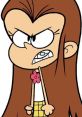 Luan Loud with an angry expression, wearing a flowered shirt and plaid skirt, showcases her humorous yet feisty personality.