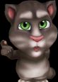 Talking cat character with large green eyes, expressing surprise and engaging with the audience in a playful manner.