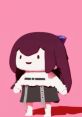 Cute character with long purple hair, wearing a white top and black skirt, set against a bright pink background.