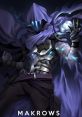 Mystical character resembling Omen, shrouded in shadows and glowing blue accents, conjuring energy in a dark setting.