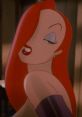 Jessica Rabbit-inspired character with flowing red hair, sultry expression, and glamorous purple attire, exuding allure.