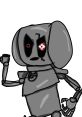 Robo-Fetch character design featuring a gray robot with red eyes, showcasing a confident pose and whimsical details.