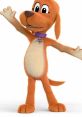 Cheerful orange cartoon dog with big eyes and a purple collar, waving happily, ideal for pet-themed content and tag applications.