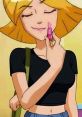 Clover from Totally Spies! playfully applies pink lipstick with a smile, showcasing her stylish and confident personality.