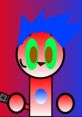 Colorful cartoon character with blue spiky hair and green eyes, showcasing a playful expression against a gradient background.