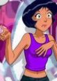 Alex from Totally Spies! shows a surprised expression in a purple tank top, emphasizing her vibrant personality and style.