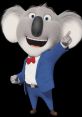 Buster Moon de "Sing" sonriente en traje azul, destacando su personalidad encantadora en Español Latino.