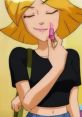 Shelly Ewing applying lipstick, showcasing her playful style and confidence. Bright colors and cheerful expression.