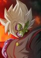 Merged Zamasu from Dragon Ball Super, showcasing his menacing grin and distinct features against a fiery backdrop.