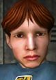Close-up of a video game character with distinctive red eyes and brown hair, wearing a blue shirt, reminiscent of Dan Wilson.