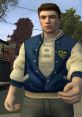 Ted Thompson character in a blue varsity jacket, standing confidently in a neighborhood setting, with trees in the background.