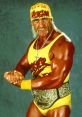 Hulk Hogan poses flexing muscles in yellow wrestling attire with a championship belt, showcasing his iconic wrestling persona.