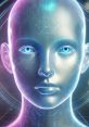 Futuristic digital face with glowing blue eyes and intricate patterns, symbolizing AI technology and innovation.
