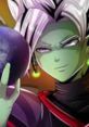 Fused Zamasu from DBS, showcasing green skin and a menacing smile while holding a dark sphere, embodying power and intrigue.