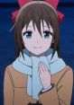 Cheerful young girl with blue eyes, brown hair, and a red bow, warmly greeting in a cozy winter outfit. Shizuku Osaka inspired.