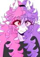 Character design of Moon Onii featuring vibrant pink and purple hair, striking eyes, and a black outfit.