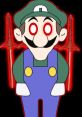 Weegee-inspired character with red eyes and swords, creating a spooky, cartoonish vibe. Perfect for fan art or memes.