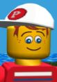 Cheerful Pepper Roni from Lego Island, wearing a white hat with a red logo, set against a bright blue background.