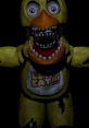 Withered Chica in a dark setting, showcasing her eerie features and iconic "LET'S EAT!!!" shirt. Terrifying animatronic character.