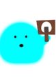 Cute blue character holding a sign, embodying the playful style of Melloart with charming simplicity and vibrant colors.