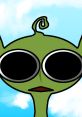 Green alien character with large black eyes and a curly antenna against a blue sky, representing playful extraterrestrial themes.