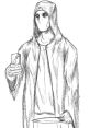 Mysterious slasher character in a hooded cloak, holding a knife and smartphone, embodying modern horror elements.