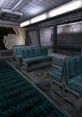 Interior view of the Half-Life 1 Transit System, featuring empty teal seats and a futuristic design atmosphere.