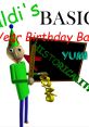 Baldi celebrates a birthday with a festive party hat, holding a ruler near a chalkboard in Baldi's Basics Birthday Bash.