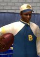 Bo Jackson character from Bully, wearing a blue and white jacket, holding a football, ready for action.