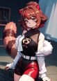 Rakkita Chan poses stylishly, featuring cat ears, a furry jacket, and sporty red shorts, embodying a playful aesthetic.