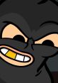 Animated character with a mischievous expression, wearing a black mask and showing crooked teeth, exuding a playful vibe.