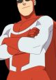 Confident superhero in a red and white costume with sunglasses, embodying strength and determination in an iconic pose.