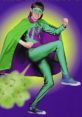 Mr. Methane in a vibrant green costume, striking a dynamic pose with playful musical notes around him. Fun and quirky character!
