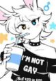 Illustration of a character with rabbit ears holding a drink, wearing a shirt with a humorous quote, vibrant and playful style.