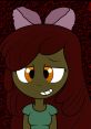 Cheerful character from Slashiebloom with brown hair and antennae, set against a vibrant red background.