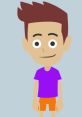 Fun animated character with brown hair, purple shirt, and orange shorts, showcasing the creative style of Mitchell Vyond.
