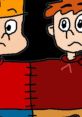 Two cartoon characters with distinctive hairstyles and clothing, conveying a playful or puzzled expression against a dark background.