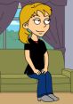 Cartoon character with blonde hair, wearing a black top and blue jeans, sitting on a green couch indoors, reflecting a casual vibe.