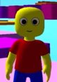 Bright yellow character with large eyes, wearing a red shirt and blue pants, in a colorful Obby Master game environment.