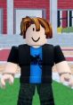 Roblox character with stylish hair, wearing a blue shirt and black jacket, set in a vibrant gaming environment.