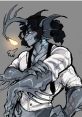 Character design of Sebastian Solace from "Pressure," featuring striking blue skin, antler-like horns, and a stylish outfit.