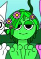 Green character with flower-adorned hair, playful expression, and vibrant colors, representing eco-friendly themes in WillFromAfar.
