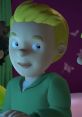 Animated character with blonde hair, wearing a green sweater, looking curiously in a vibrant, colorful setting.