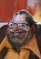 Evrart Clare character portrait featuring expressive smile, glasses, and vibrant abstract background from "My Beloved.